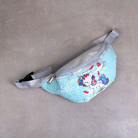 Детская сумка поясная, бананка, Единорог, голубая П1470