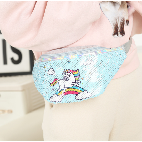 Детская сумка поясная, бананка, Единорог, голубая П1476