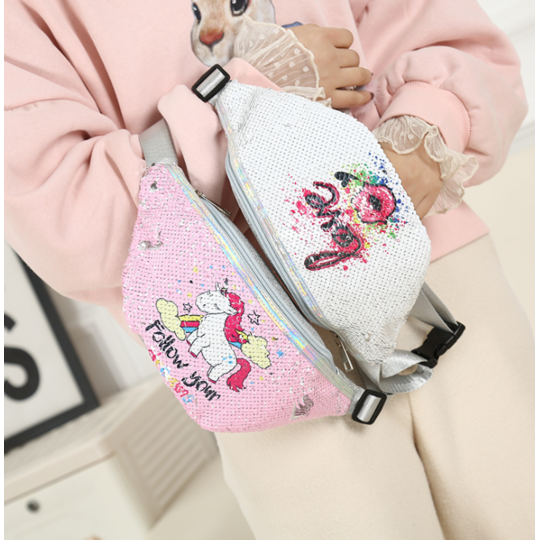 Детская сумка поясная, бананка, Единорог, голубая П1476