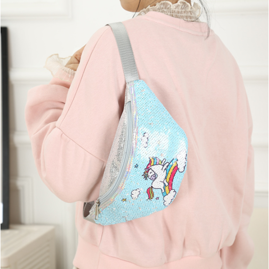 Детская сумка поясная, бананка, Единорог, голубая П1476