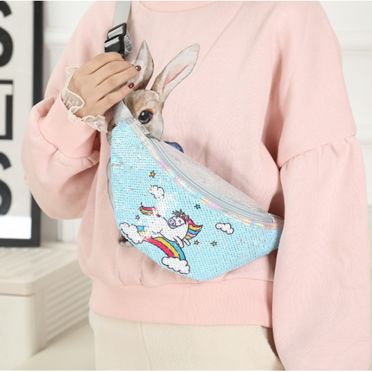 Детская сумка поясная, бананка, Единорог, голубая П1476