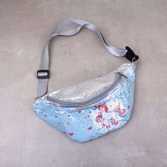 Детская сумка поясная, бананка, Единорог, голубая П1979