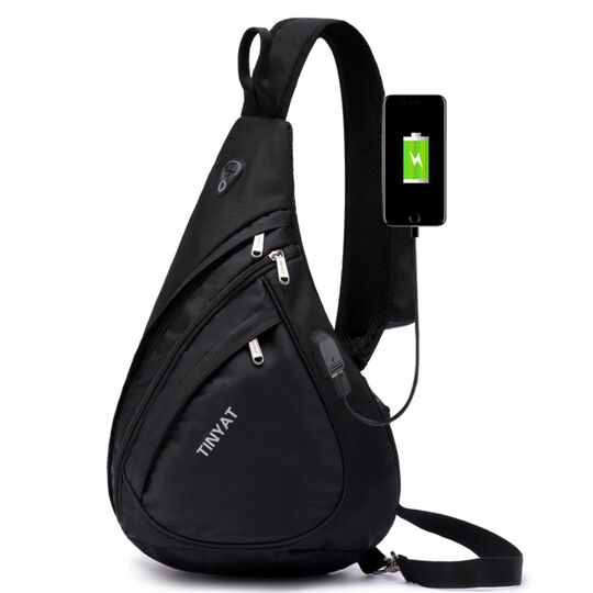 Мужская сумка слинг "TINYAT" USB, черная П2952