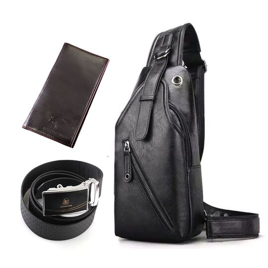Мужская сумка+кошелек+ремень, черная П3038