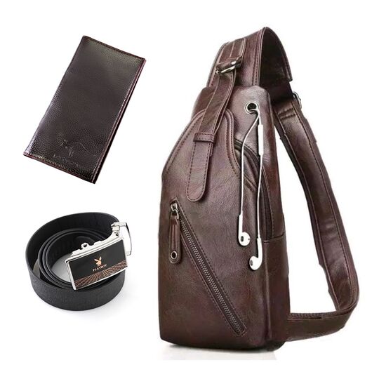 Чоловіча сумка+гаманець+ремінь USB, коричнева П3039