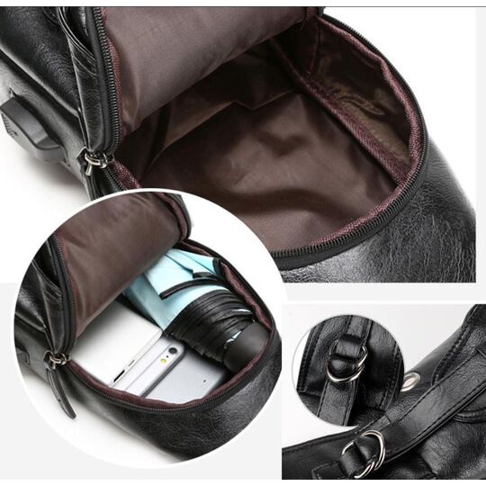 Мужская сумка+кошелек+ремень USB, черная П3040