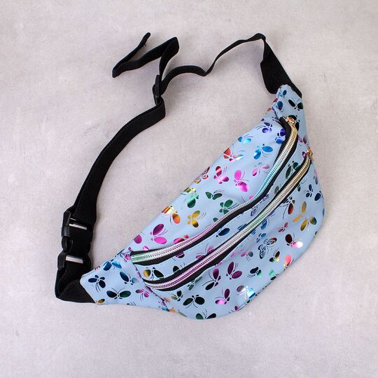 Женская поясная сумка, бананка "Бабочки", синяя П4279
