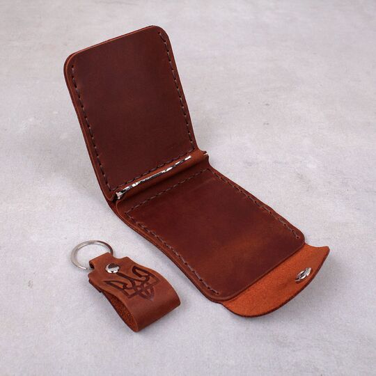 Кошелек зажим из кожи "Карта Украины", коричневый П4550 (Ручная работа)