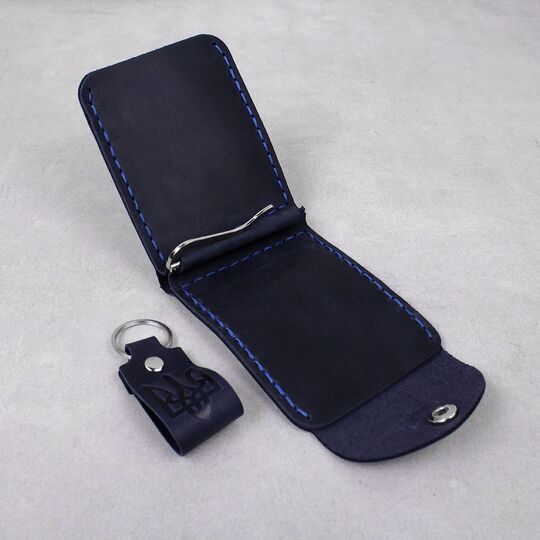 Кошелек зажим из кожи "Карта Украины", синий П4552 (Ручная работа)