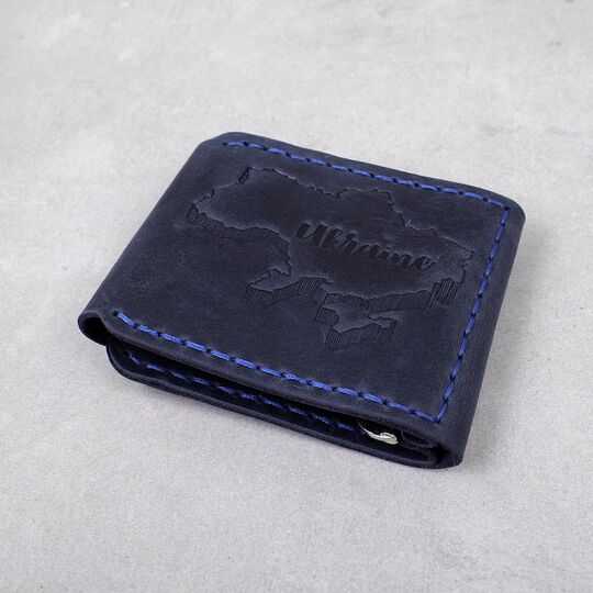 Кошелек зажим из кожи "Карта Украины", синий П4552 (Ручная работа)